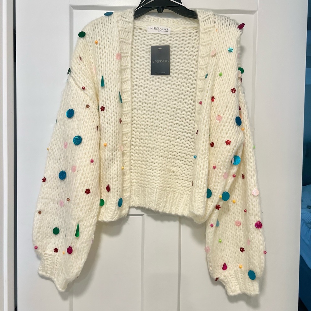 Impressions Cream Multicolor Polka Dot / Sequins Cardigan